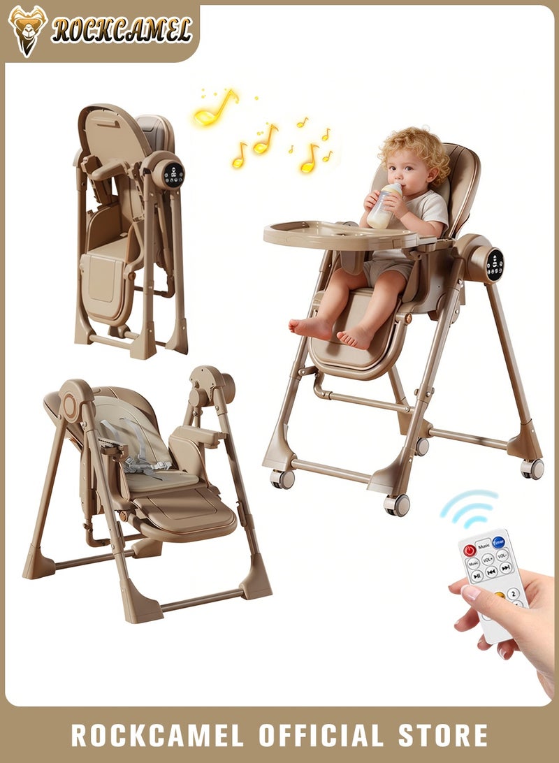 ROCKCAMEL 2-in-1 Electric Baby High Chair & Rocker with Remote Control, 5 Height & 5 Swing Adjustments, 165° Safe Rocking Angle, Rechargeable, Double Layer Cushion, Timer & Music, Multi-Angle Infant Feeding Chair with Wheels(Brown) - Image 1